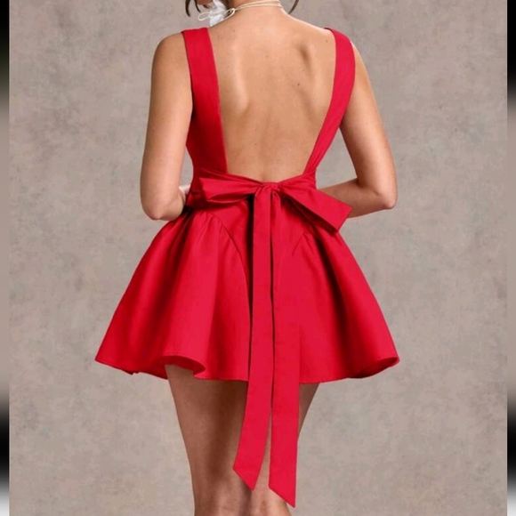 Solid Color Sexy Simple Romantic Backless Bow Decor Flare Mini Dress,Autumn - Picture 3 of 4